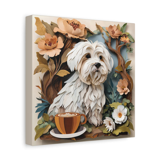 Maltese and Latte Canvas Print - Cottagecore Dog and Coffee Lover Art