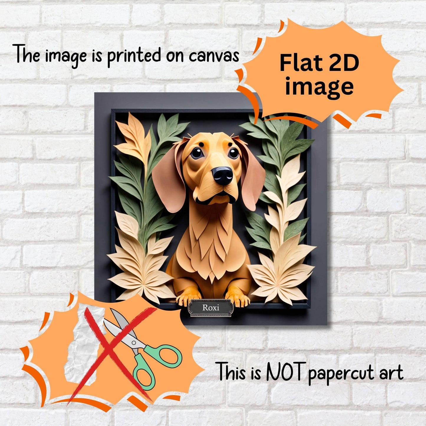 Brown Dachshund Floral Frame Wall Art - 3D Illusion Dog Portrait Canvas