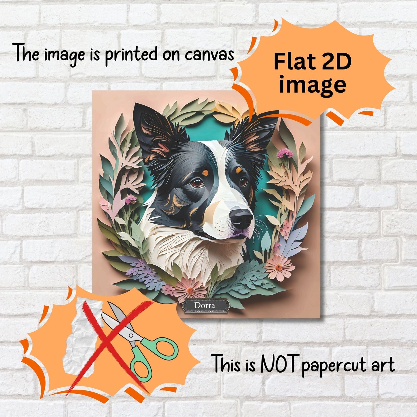 Border Collie in Floral Arrangement - 3D Illusion Art with Name Personalization