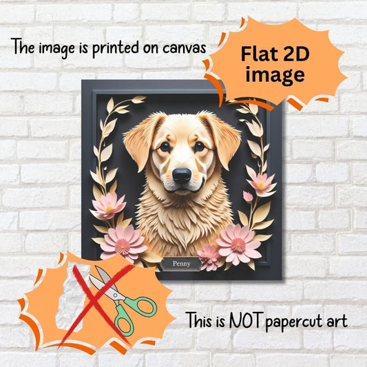 Yellow Labrador Memorial Portrait - Personalized Dog Name Canvas Print with Flowers - Custom Labrador Retriever Gift for Dog Mom or Breeder