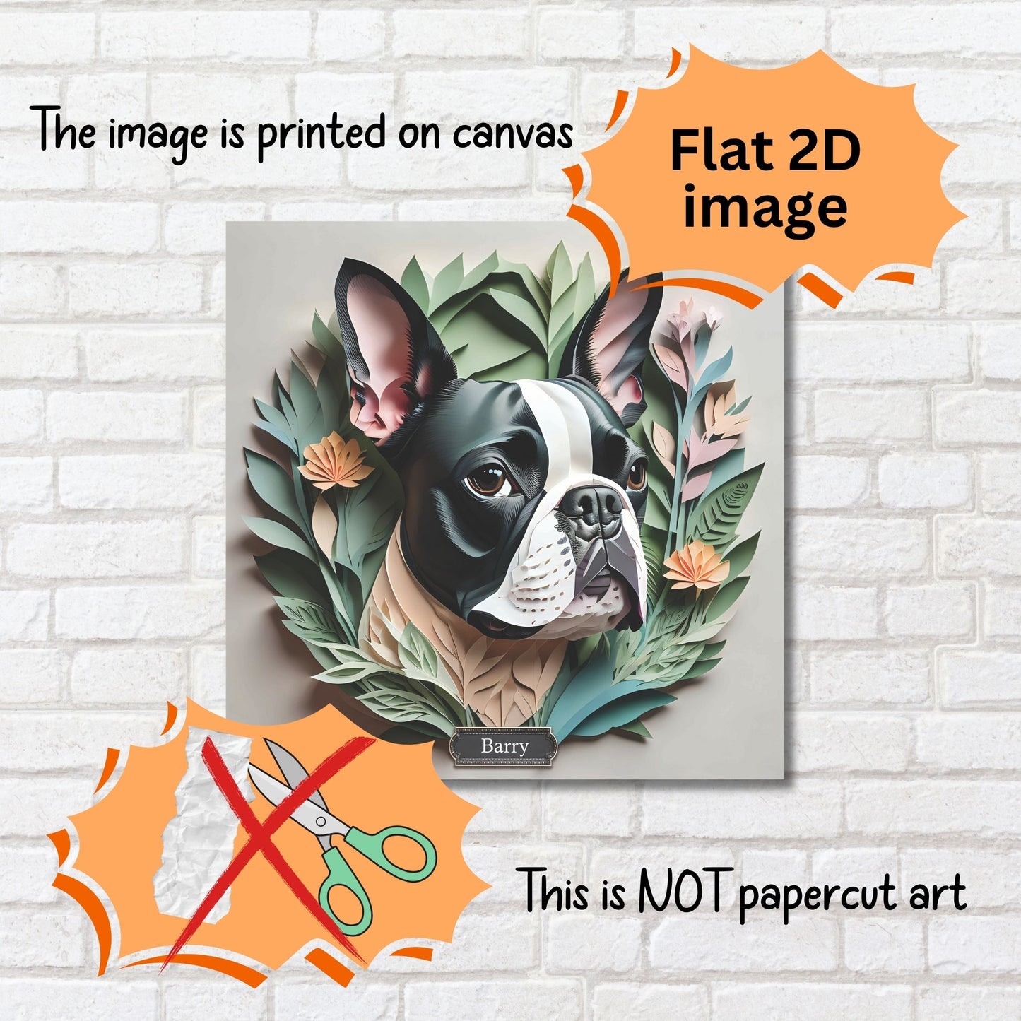 Boston Terrier Portrait with Personalized Name - Floral Canine Art Print on Canvas