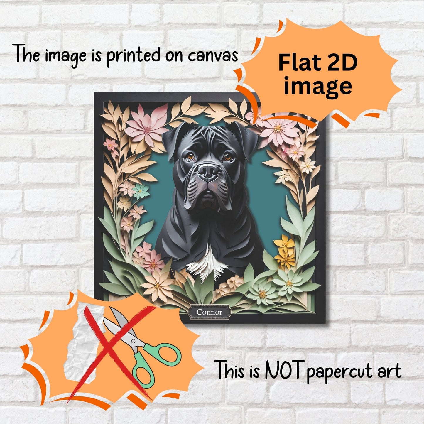 Black Cane Corso with Natural Ears - 3D Illusion Personalized Dog Portrait Gift