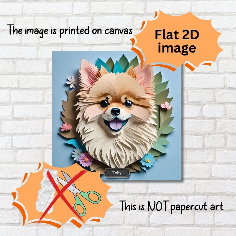 Pomeranian Wall Art Canvas - Faux Papercut Dog Portrait with Greenery and Flowers