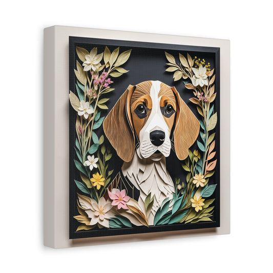 Brown Beagle Canvas Wrap, Beagle in Flower Arrangement Portrait Print, Name Personalization Dog Portrait, Beagle Lover Perfect Gift