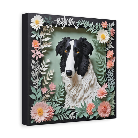 Floral Borzoi Canvas Print – Black & White Dog Portrait with Botanical Frame