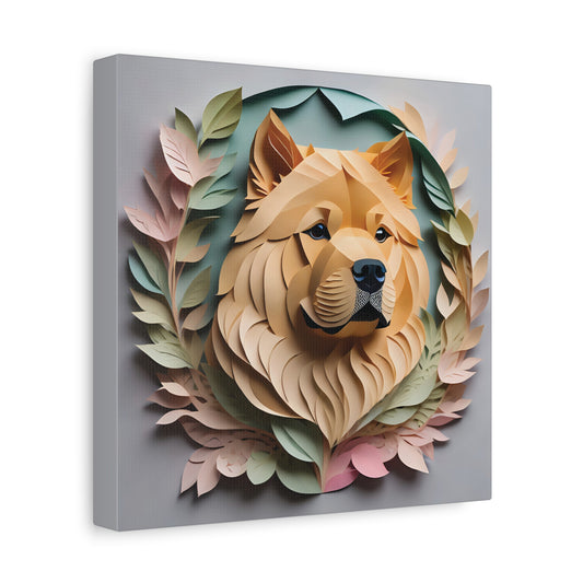 Chow Chow Portrait on Canvas in Pastel Floral Arrangement - Papercut Imitation Dog Lover Wall Art