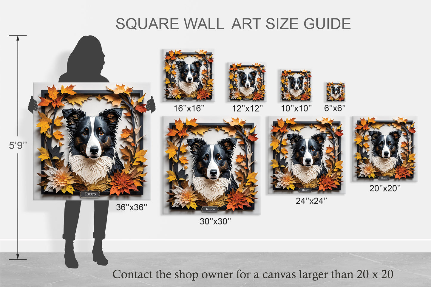 Border Collie Fall Portrait - 3D Illusion Art with Name Personalization