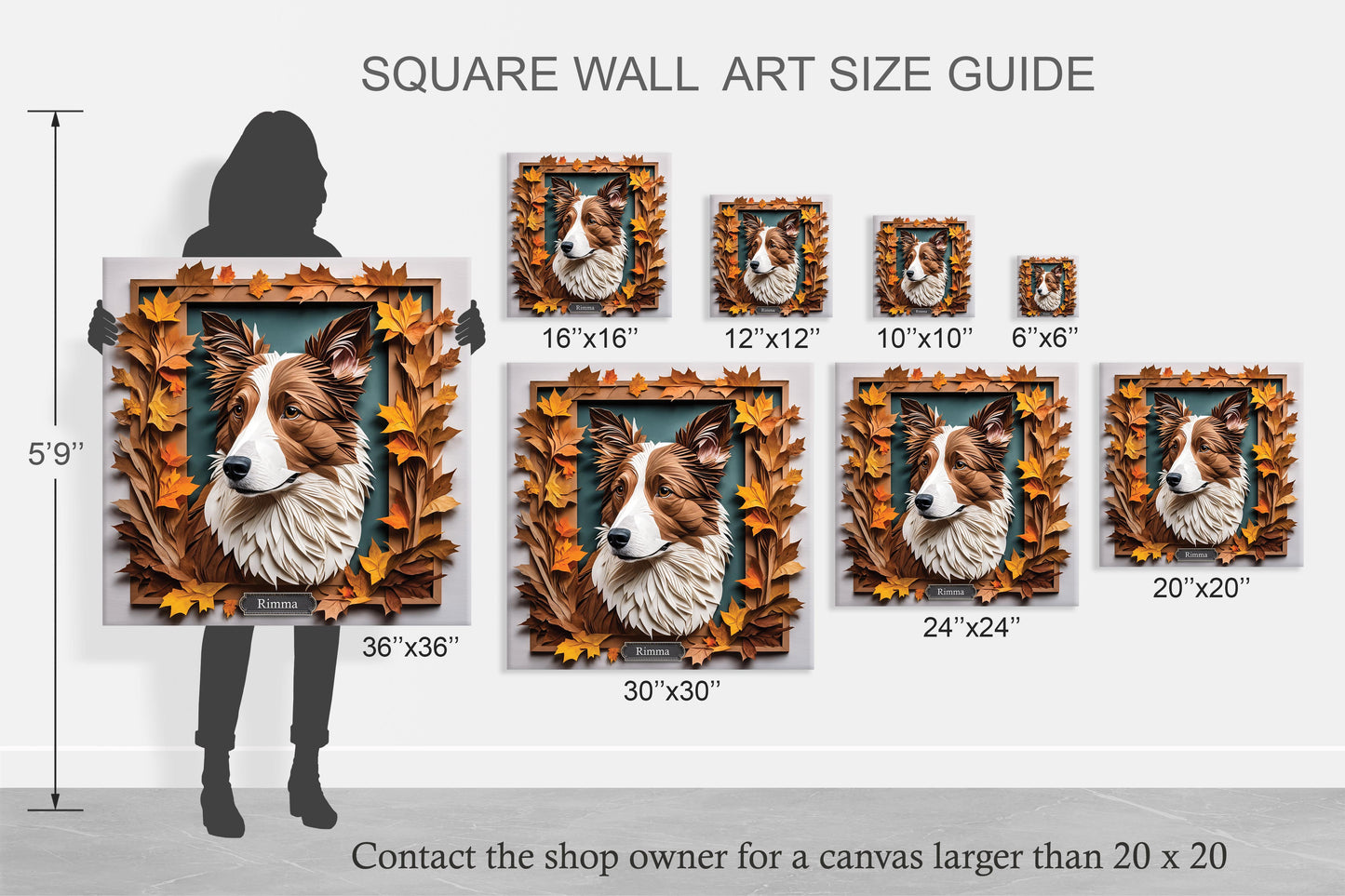 Brown and White Border Collie Fall Art, Canvas Portrait - 3D Illusion Art with Name Personalization