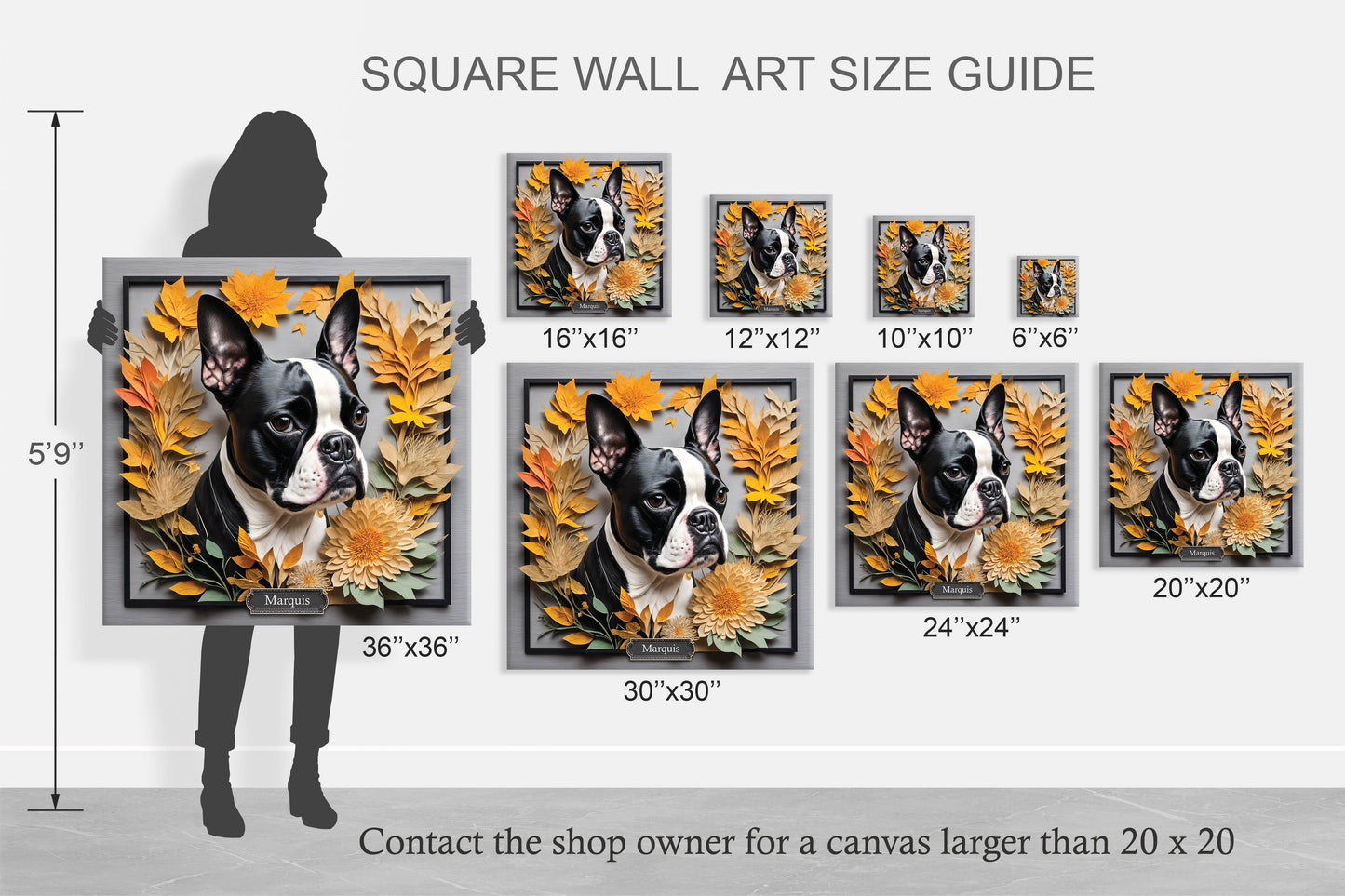 Boston Terrier Fall Art - Canvas Print 3D Illusion Art with Name Personalization