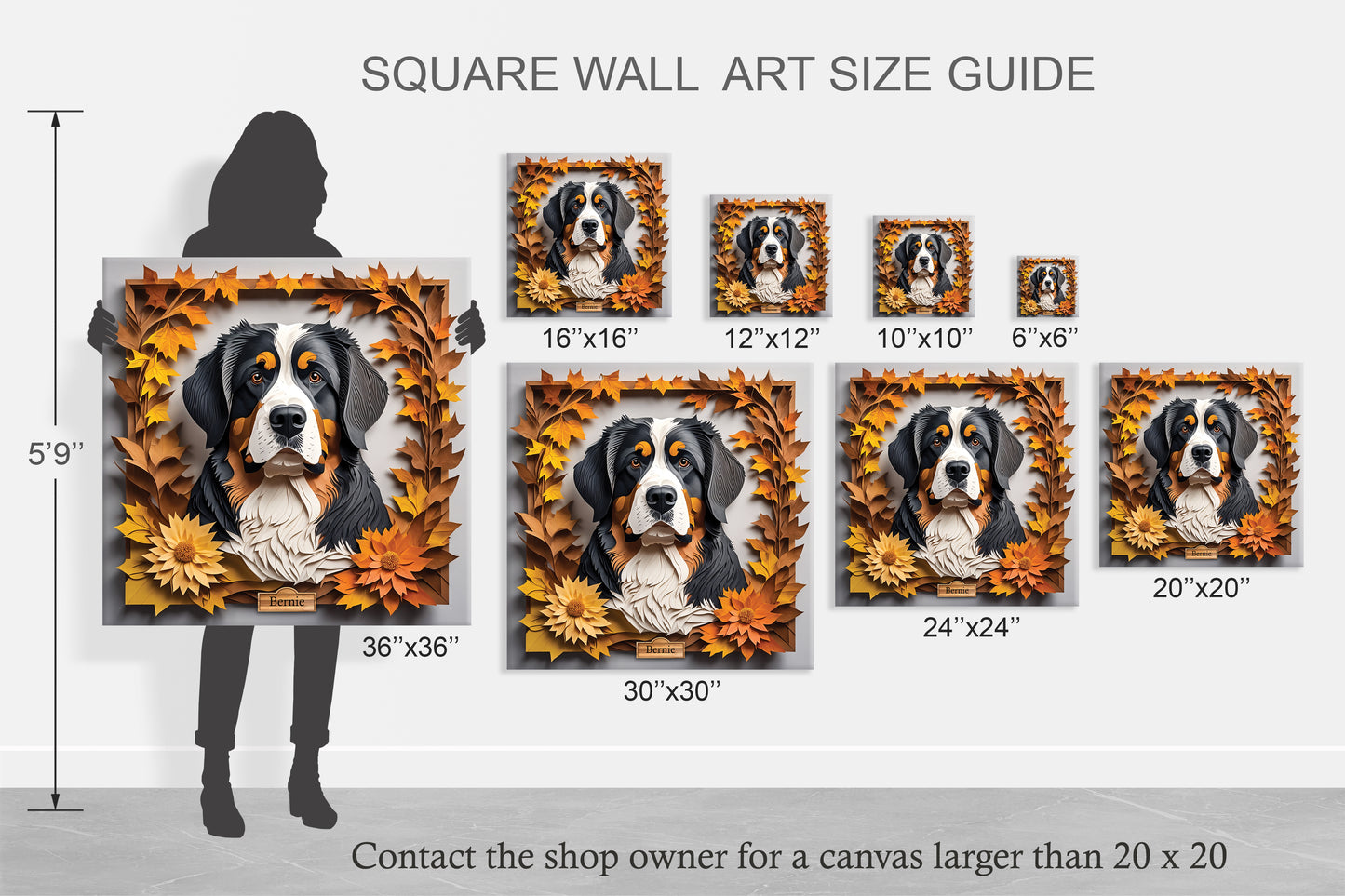 Bernese Mountain Dog Portrait in Fall Leaves, Bernese Mt. Dog Canvas Wrap, 3D Illusion Art with Name Personalization