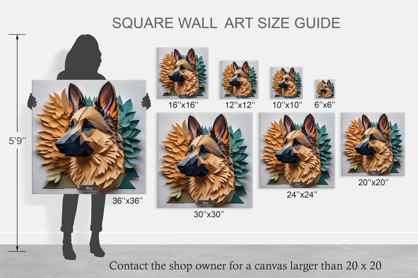 German Shepherd Memorial Portrait - 3D Illusion Art with Name Personalization,