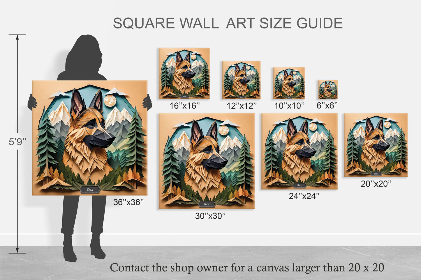 German Shepherd Mountain Portrait Print on Canvas - 3D Illusion Art with Name Personalization