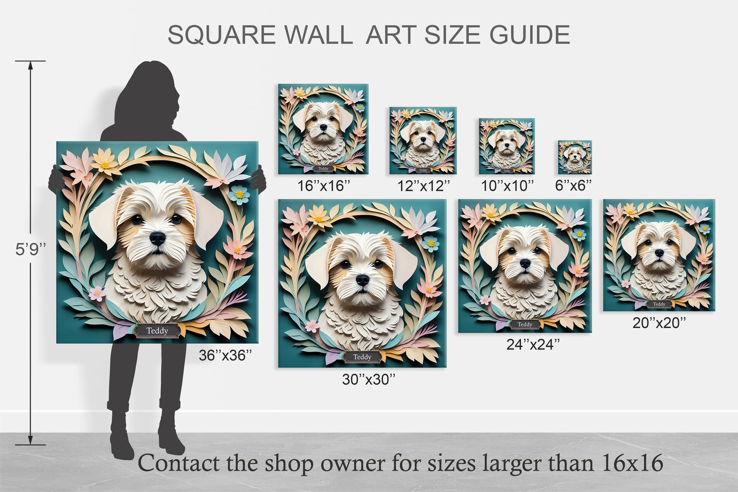 Maltese Dog Floral Art - 3D Illusion Dog Portrait - Custom Pet Wall Decor