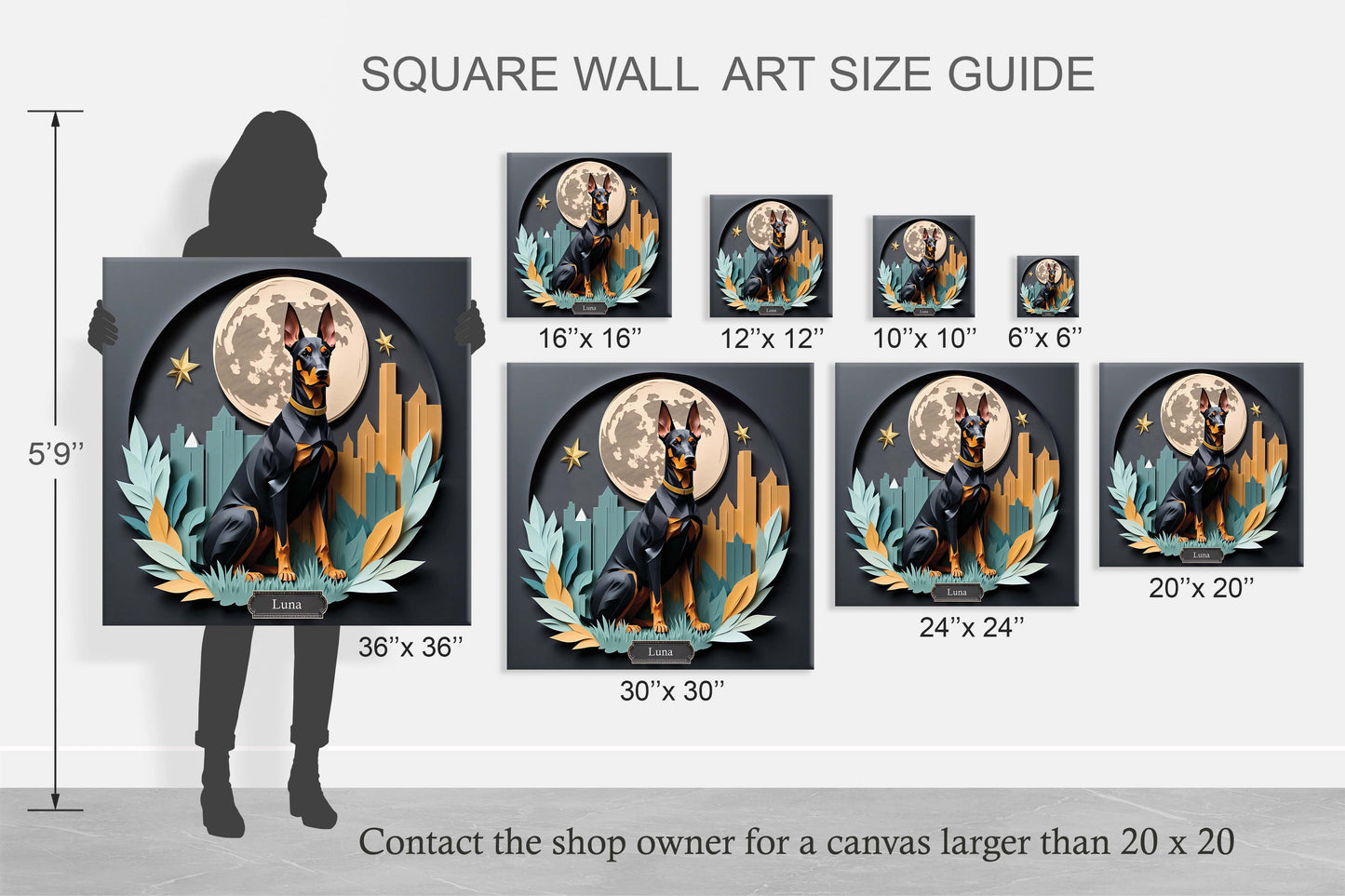 Doberman Wall Art with Moon and Stars - Unique Pet Memorial Home Decor - Dobie Mom or Dad Gift