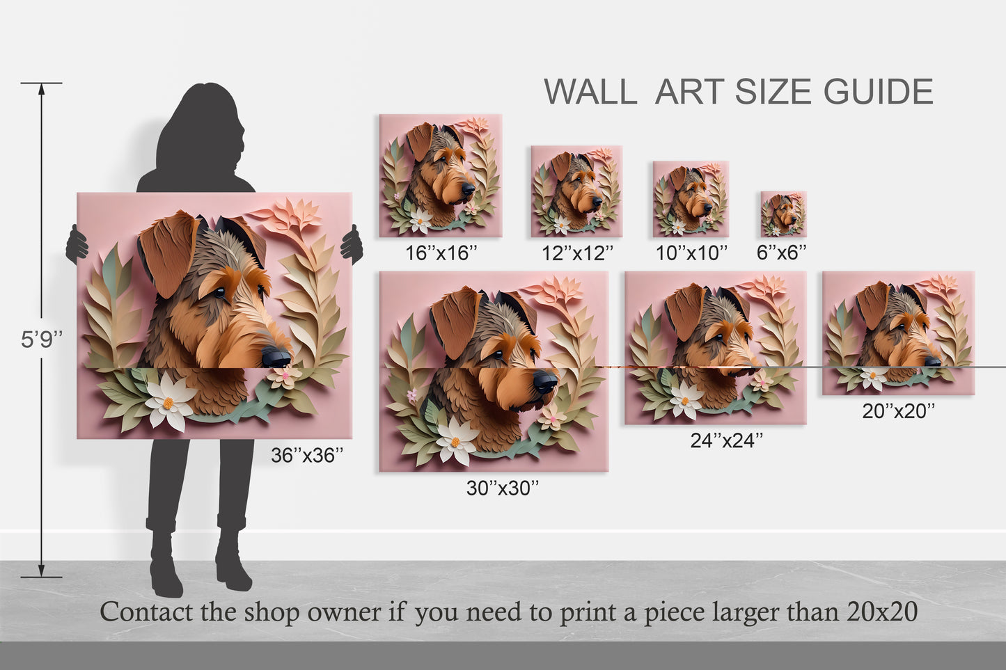 Airedale Terrier Floral 3D Illusion Portrait on Pink Background