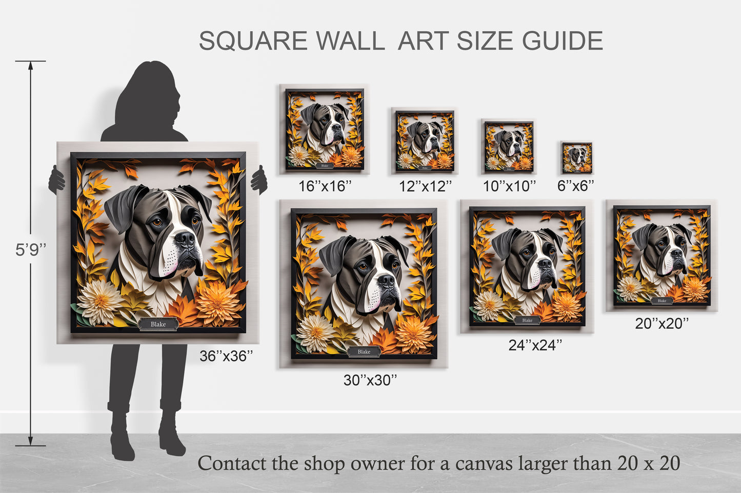Black Boxer Dog Fall Art - Canvas Print 3D Illusion Art with Name Personalization