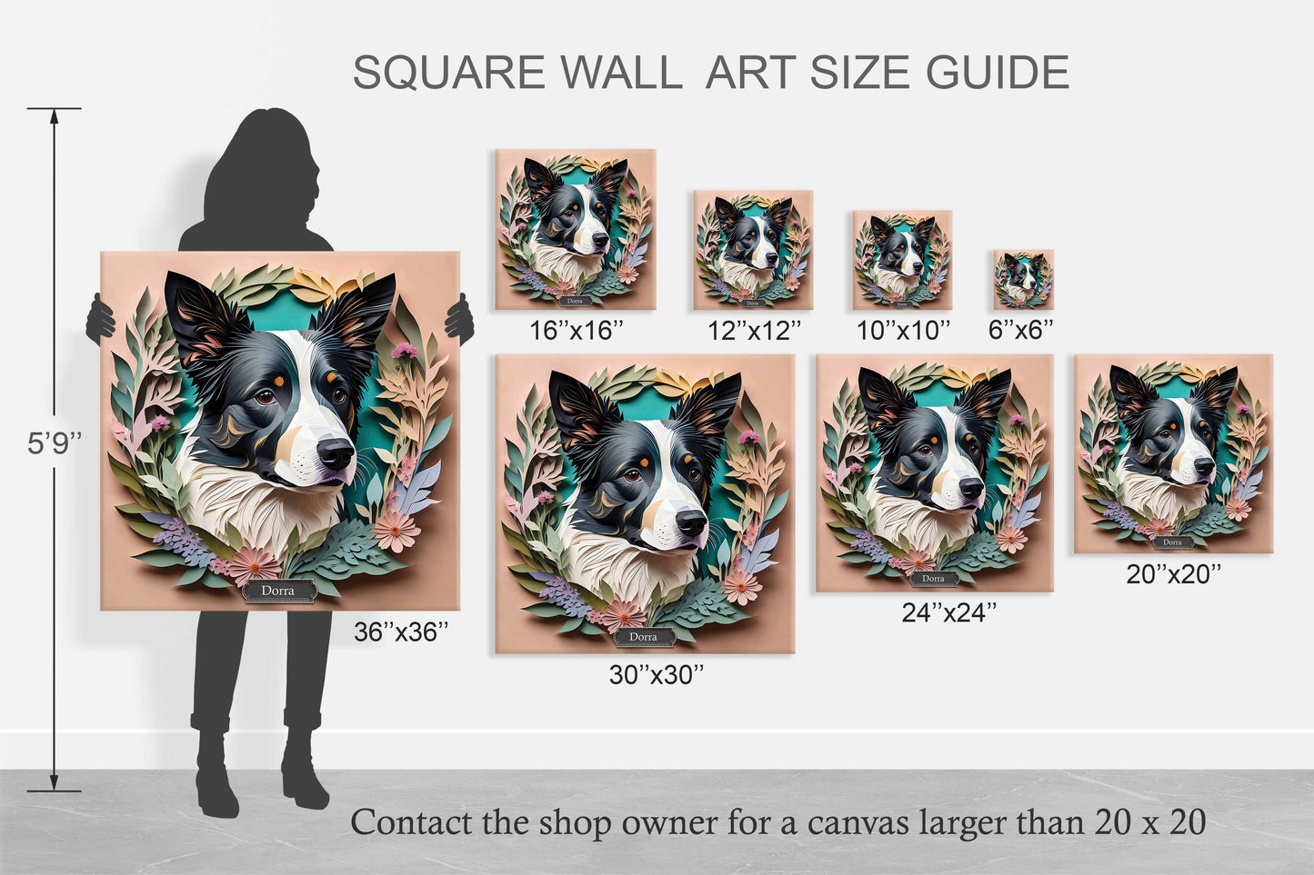 Border Collie in Floral Arrangement - 3D Illusion Art with Name Personalization