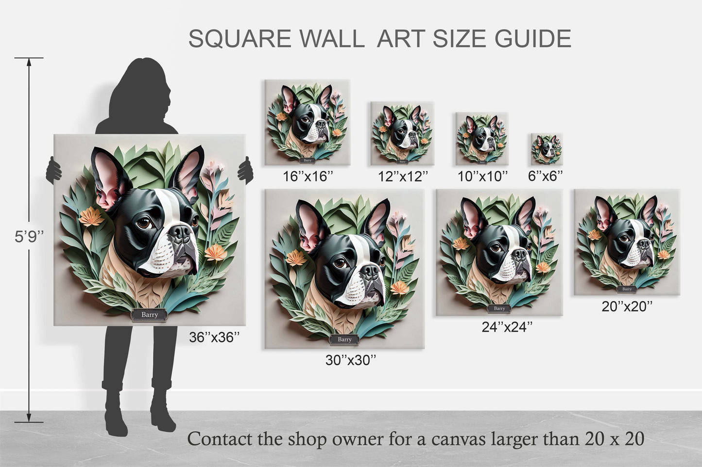 Boston Terrier Portrait with Personalized Name - Floral Canine Art Print on Canvas