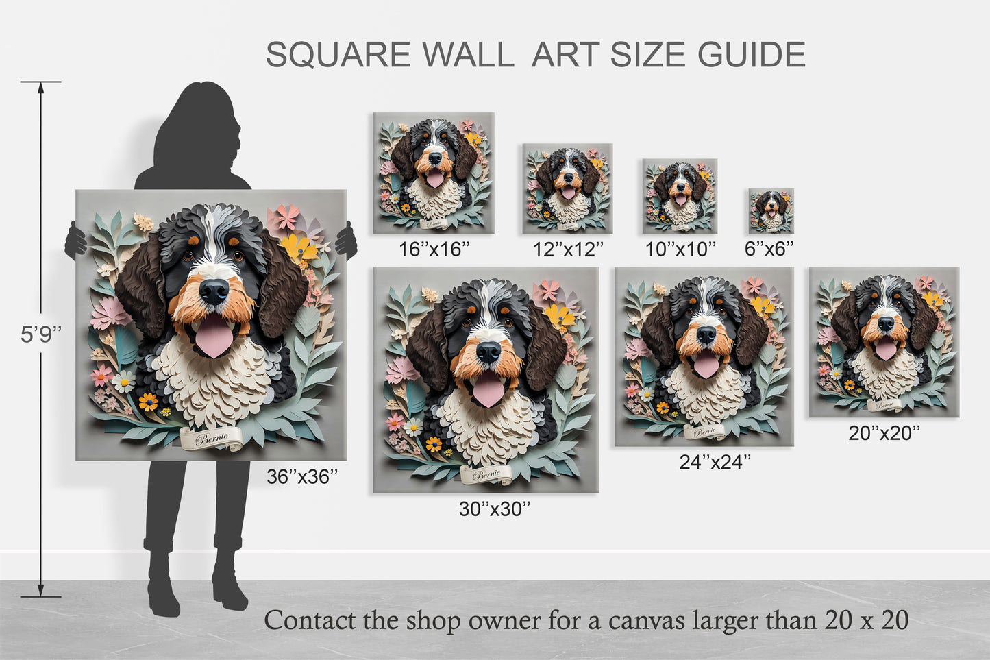Bernedoodle 3D Illusion Wall Art - Vintage Papercut Imitation Canvas Print