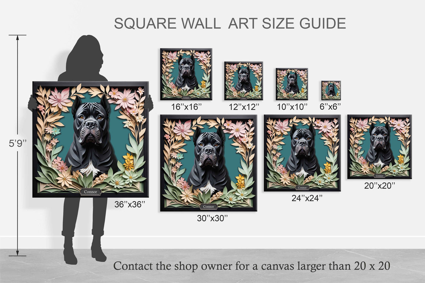 Black Cane Corso with Cropped Ears - 3D Illusion Art, Personalized Dog Memorial Gift