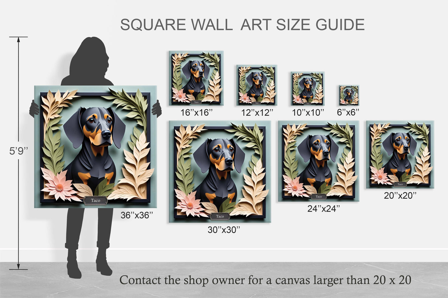 Black Dachshund Botanical Frame Wall Art - Custom Pet Name Artwork