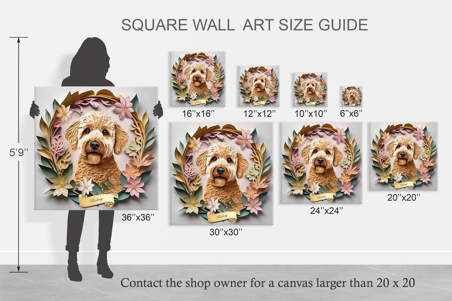 Labradoodle or Golden Doodle Portrait Floral Art - 3D Illusion Canvas Print With Name Personalization