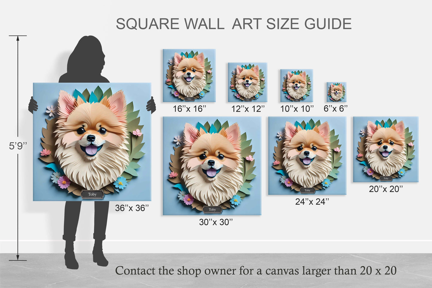 Pomeranian Wall Art Canvas - Faux Papercut Dog Portrait with Greenery and Flowers