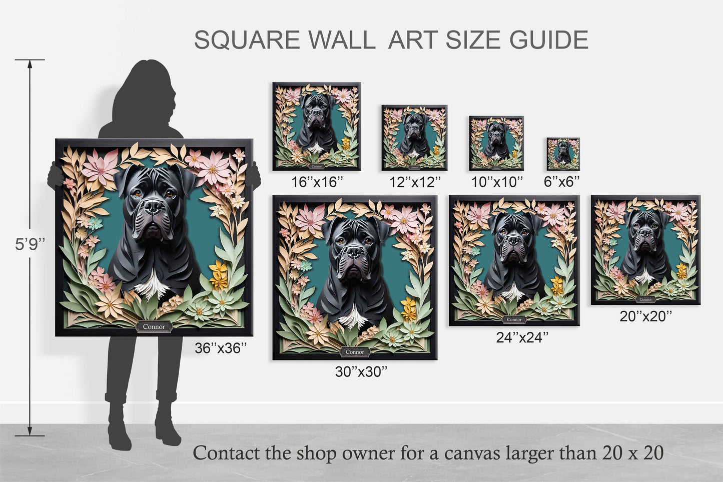 Black Cane Corso with Natural Ears - 3D Illusion Personalized Dog Portrait Gift