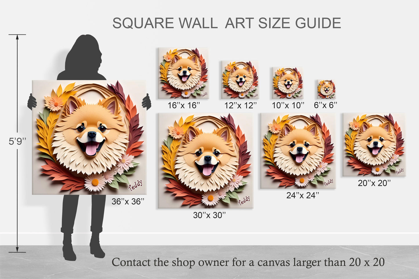 Fall Pomeranian Wall Art Canvas - 3D Illusion Dog Portrait with Flowers