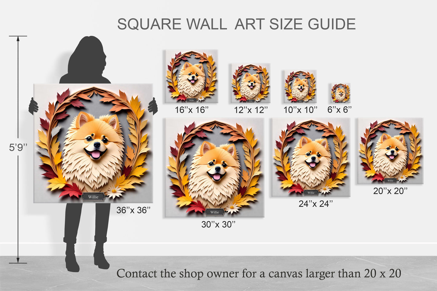 Fluffy Pomeranian with Autumn Leaves Canvas Wall Art - Personalized Faux Papercut Style Print