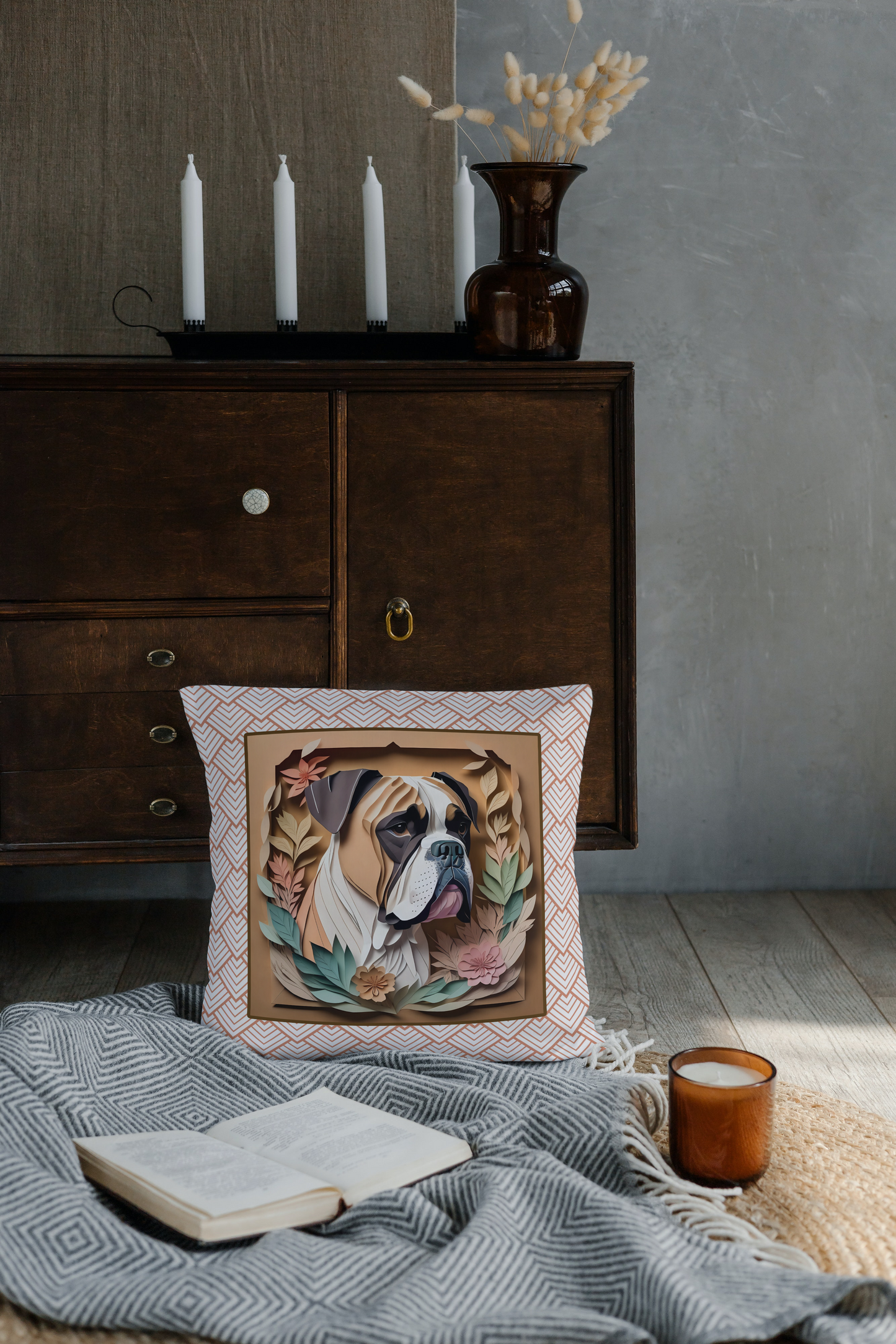 Boxer Boho Square Pillow - Boxer Owner Birthday, Housewarming, or Memorial Gift
