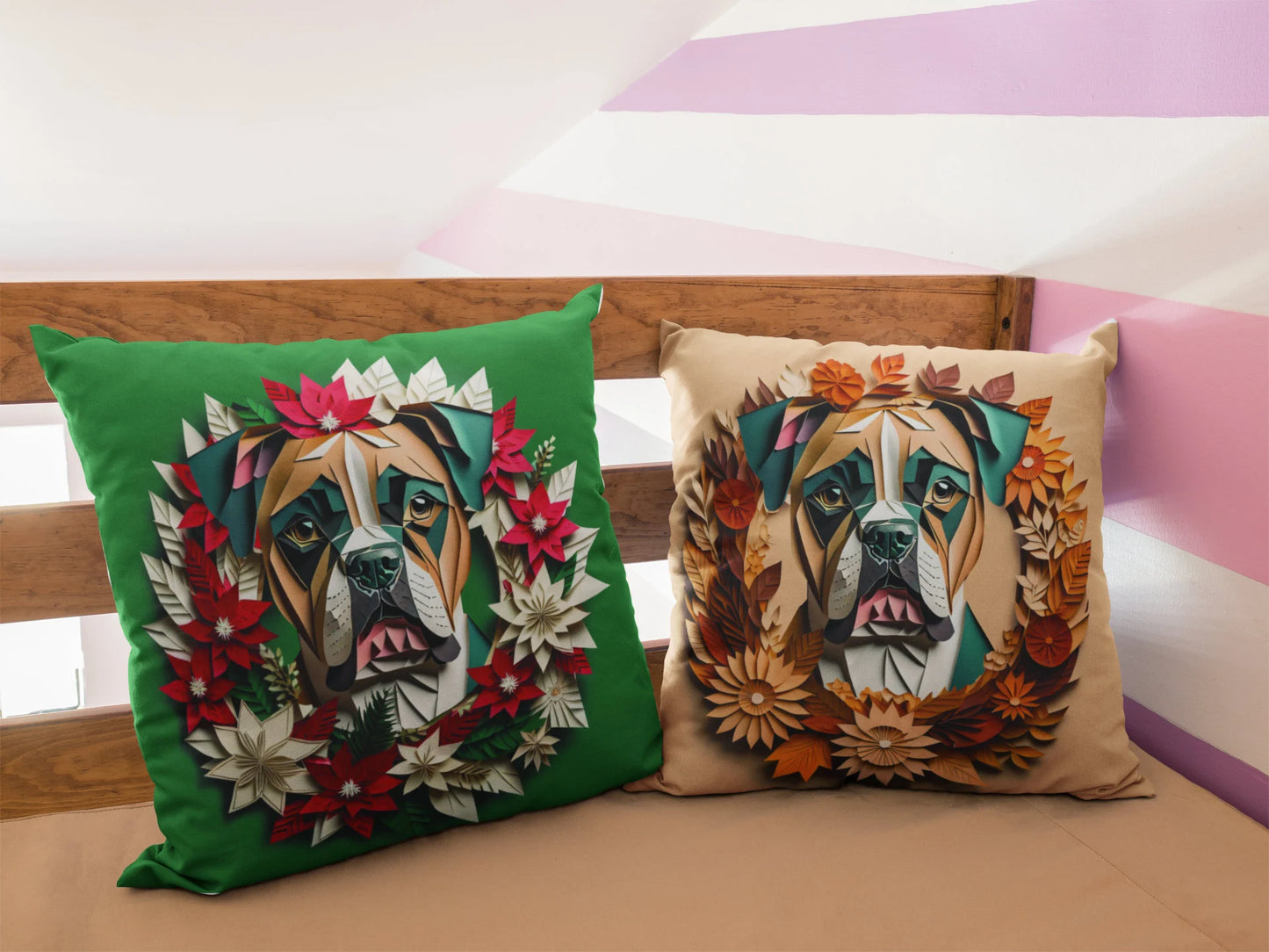 Boxer Holiday Pillow or Pillowcase - Reversible Fall or Christmas Themed Square Cushion or Cover