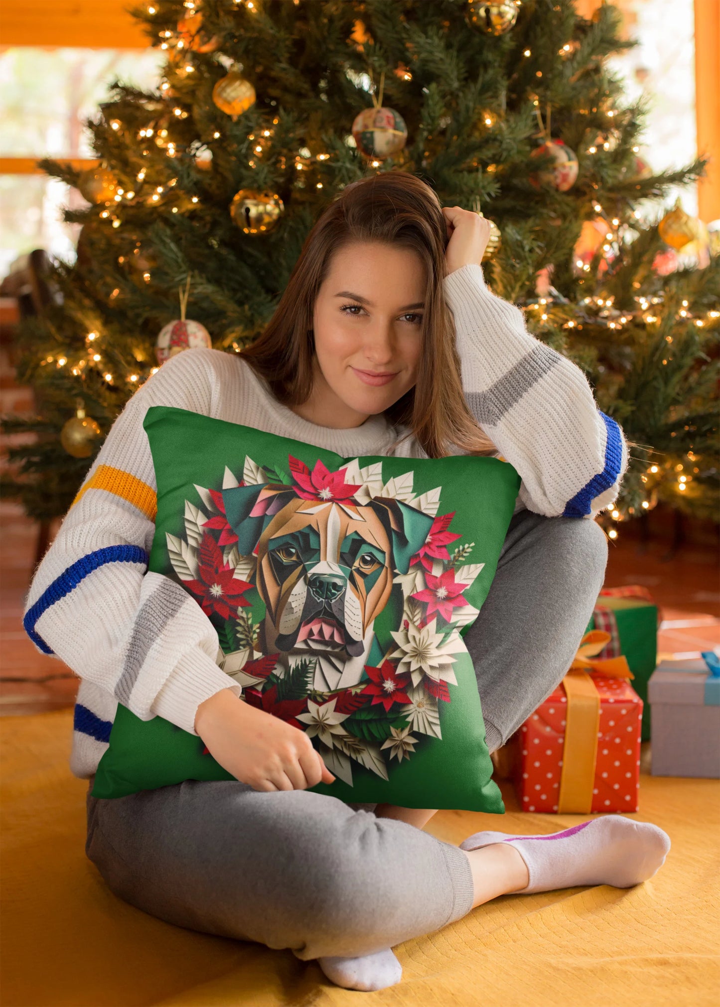 Boxer Holiday Pillow or Pillowcase - Reversible Fall or Christmas Themed Square Cushion or Cover