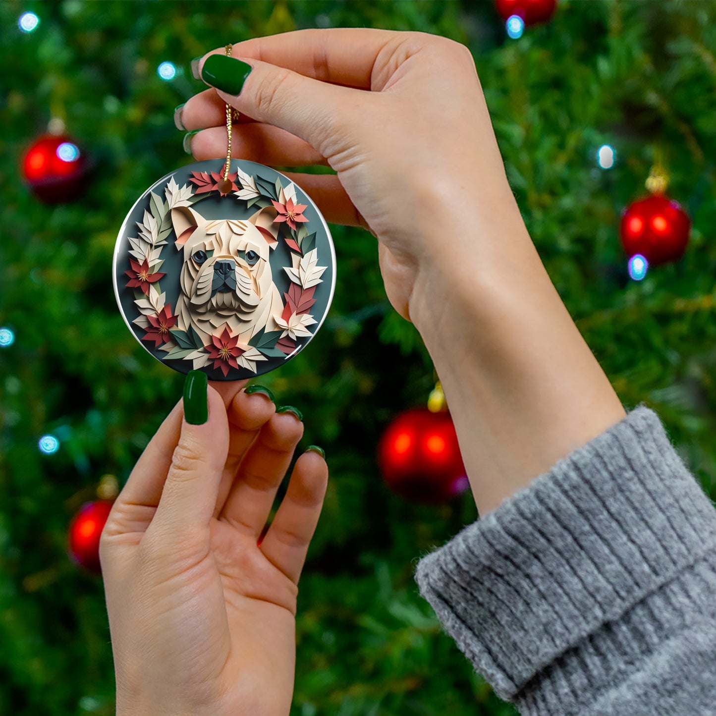 English Bulldog in Vintage Wreath Collectible Christmas Ornament