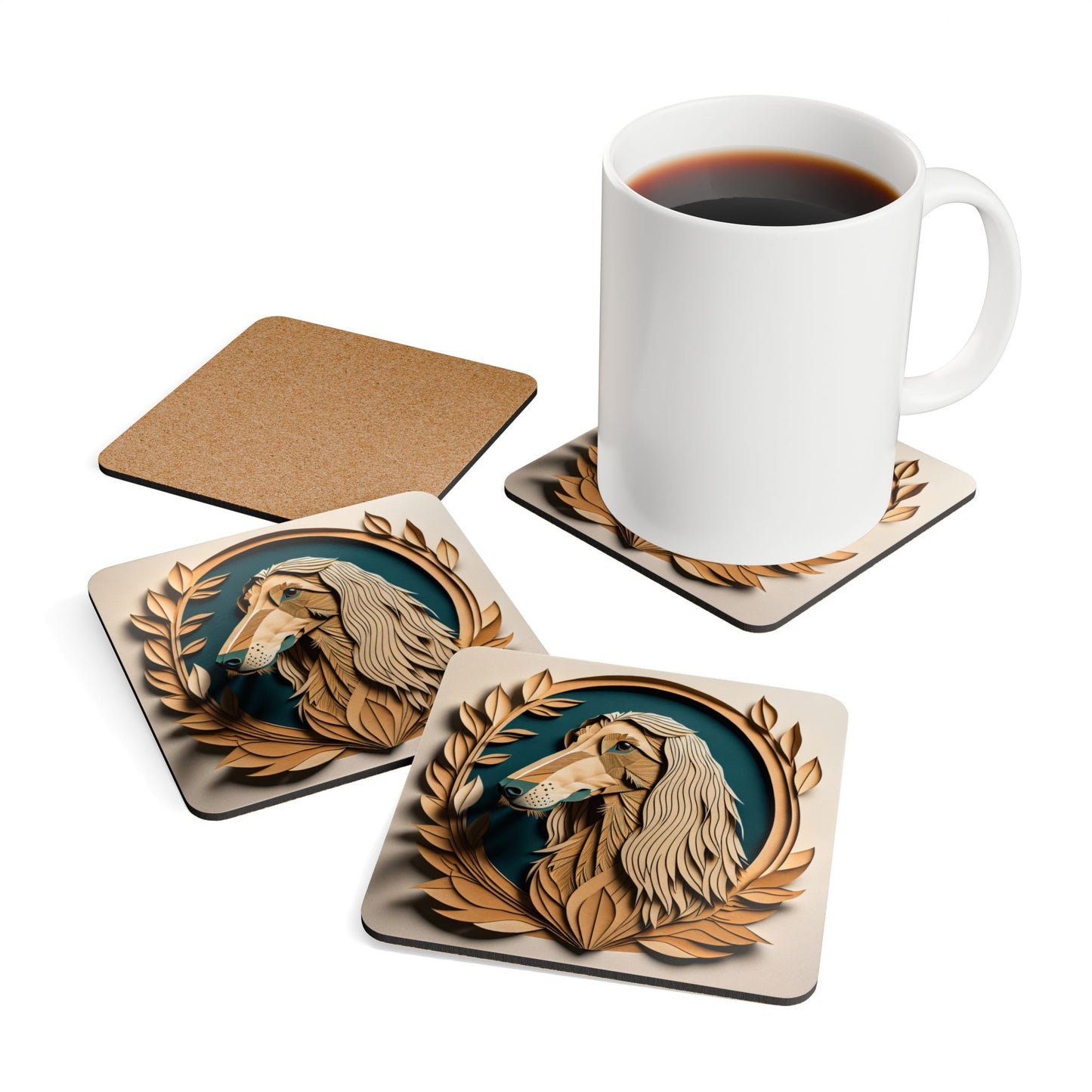 Unique Afghan Hound Corkwood Coaster Set - Papercut Imitation Dog Design, Afghan Hound Owner Gift, Afghan Hound Inspired Useful Art