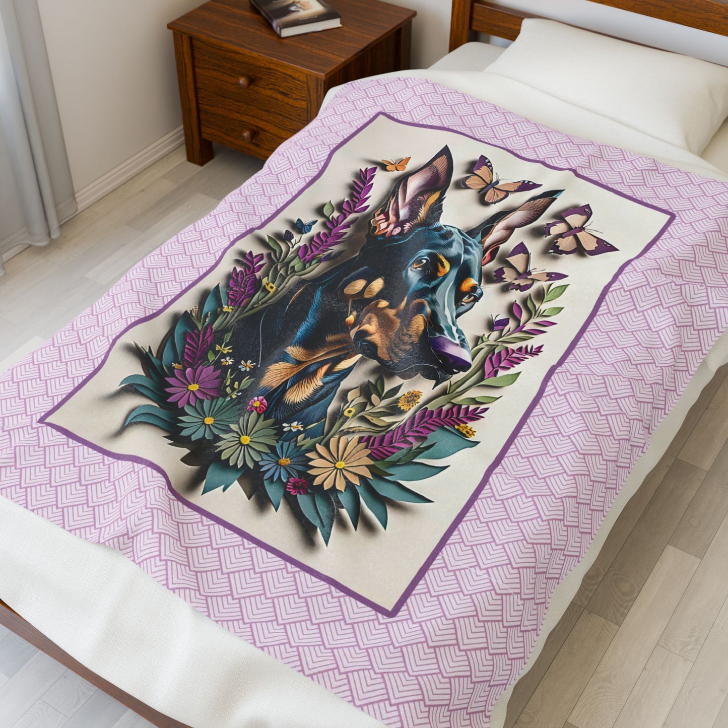 Doberman Portrait with Butterflies Velveteen Plush Blanket - Doberman Lover Throw Blanket