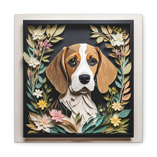 Brown Beagle Canvas Wrap, Beagle in Flower Arrangement Portrait Print, Name Personalization Dog Portrait, Beagle Lover Perfect Gift