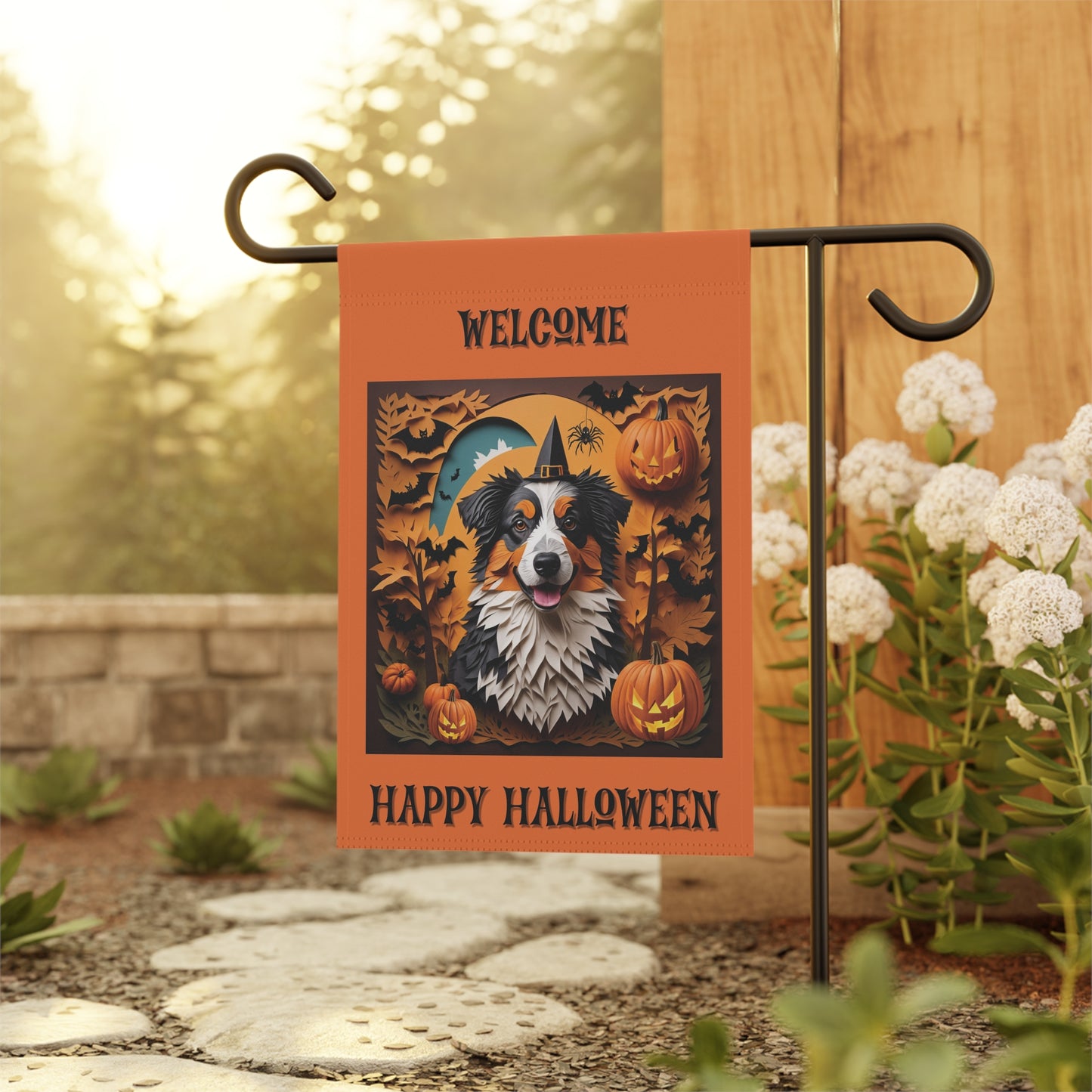 Aussie Halloween Garden Flag, Two-Sided Halloween Flag for Australian Shepherd Owner