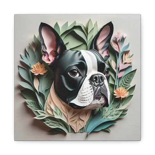Boston Terrier Portrait with Personalized Name - Floral Canine Art Print on Canvas