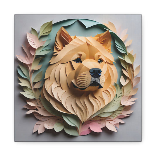 Chow Chow Portrait on Canvas in Pastel Floral Arrangement - Papercut Imitation Dog Lover Wall Art