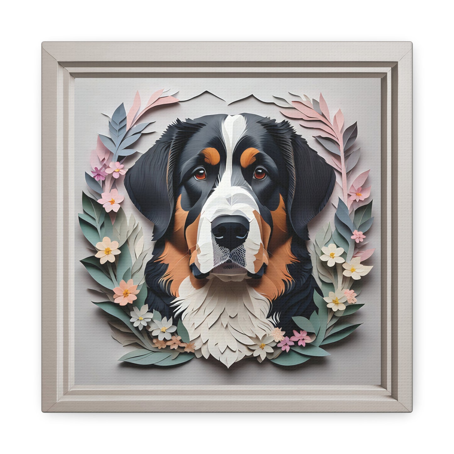 Floral Haven Bernese Mountain Dog - Papercut Imitation Canvas Print for Modern Home