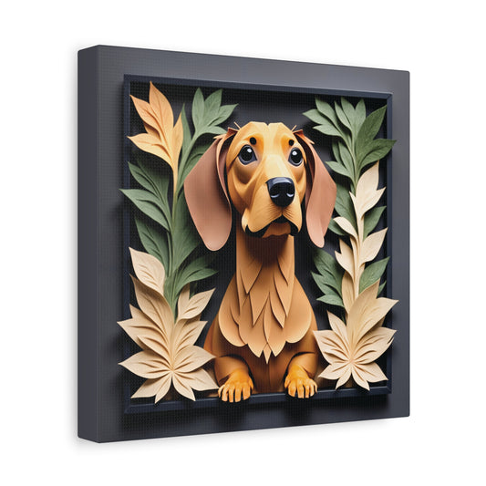 Brown Dachshund Floral Frame Wall Art -  3D Illusion Dog Portrait Canvas