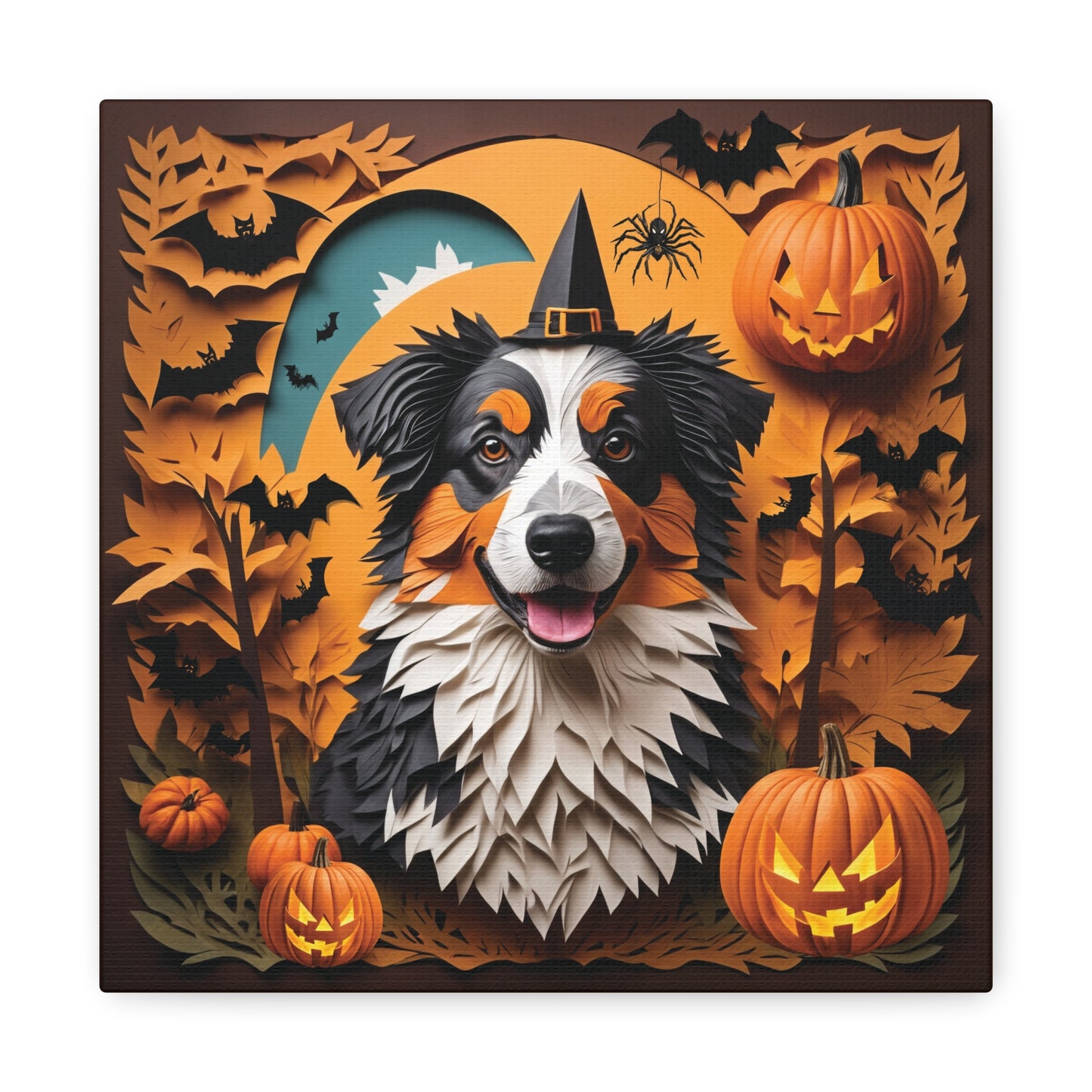 Australian Shepherd in Witch Hat - Personalized Halloween Canvas Print