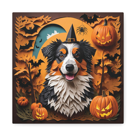 Australian Shepherd in Witch Hat - Personalized Halloween Canvas Print