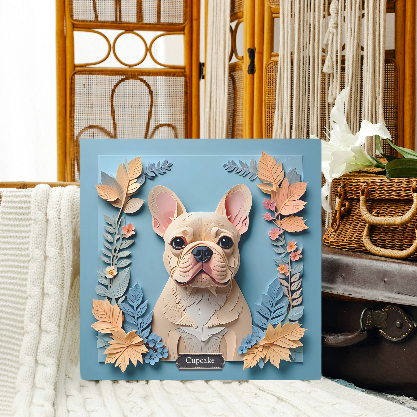 Cream French Bulldog Portrait in Blues - French Bulldog Mom or Dad Gift