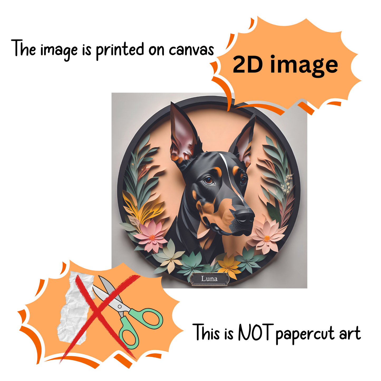 Doberman Portrait in a Circular Black Faux Frame - Dobie Wall Art in Papercut Imitation Style