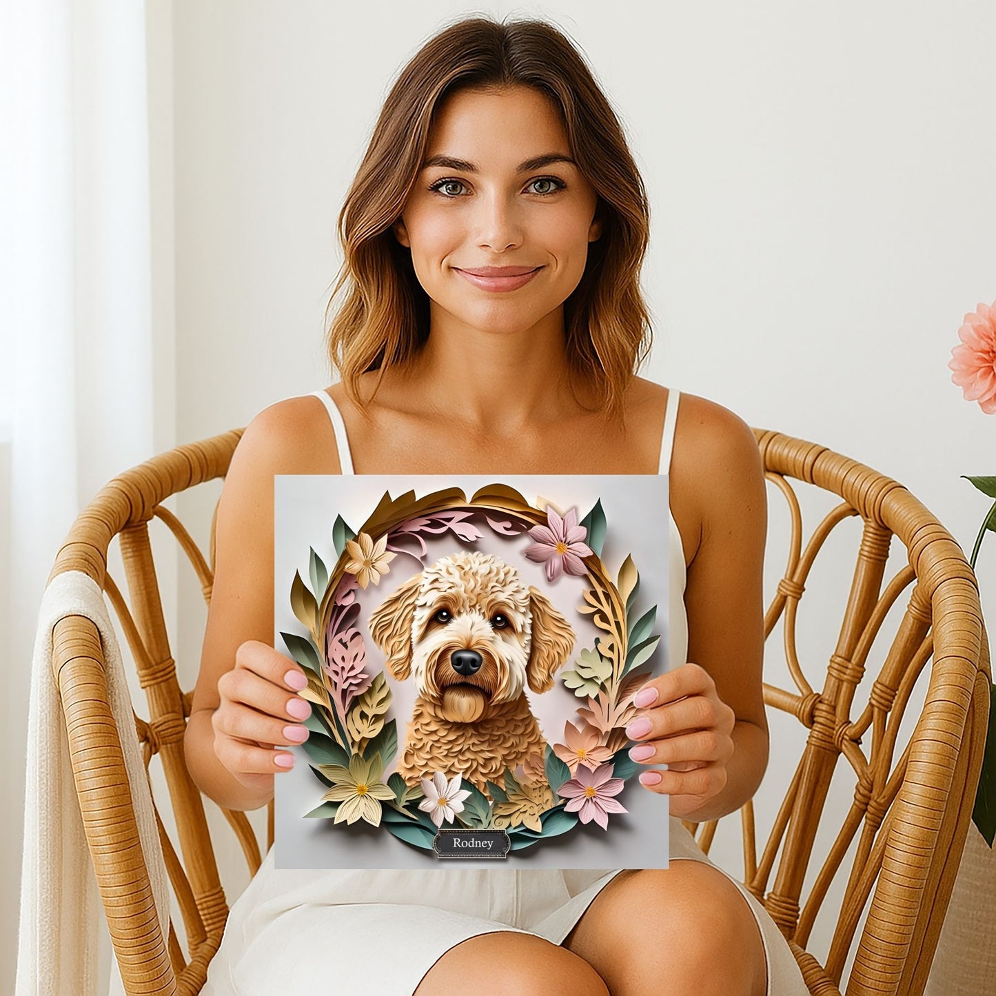 Labradoodle or Golden Doodle Portrait Floral Art -  3D Illusion Canvas Print With Name Personalization