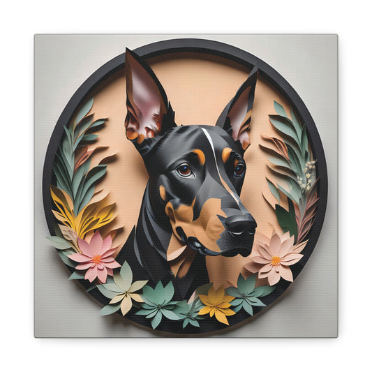 Doberman Portrait in a Circular Black Faux Frame - Dobie Wall Art in Papercut Imitation Style