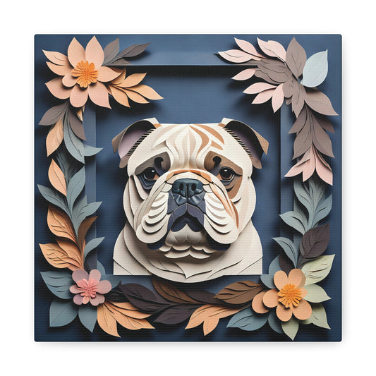 Charming Faux Papercut Bulldog Canvas on Navy Background- 3D Illusion Floral Decor