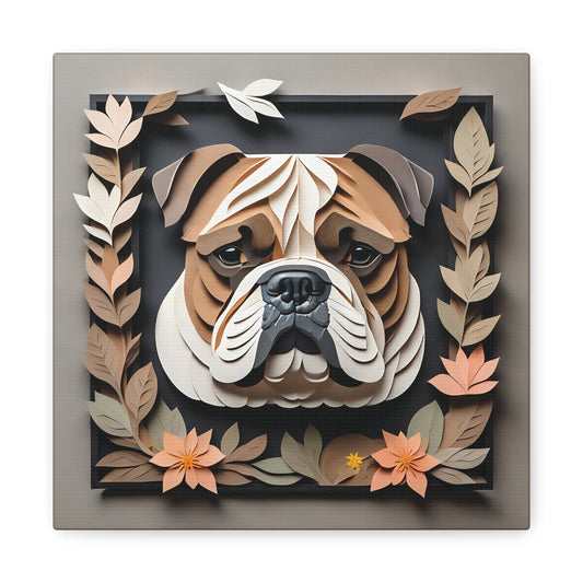 3D Illusion English Bulldog Art - Beige & Black Framed Canvas with Pastel Leaves